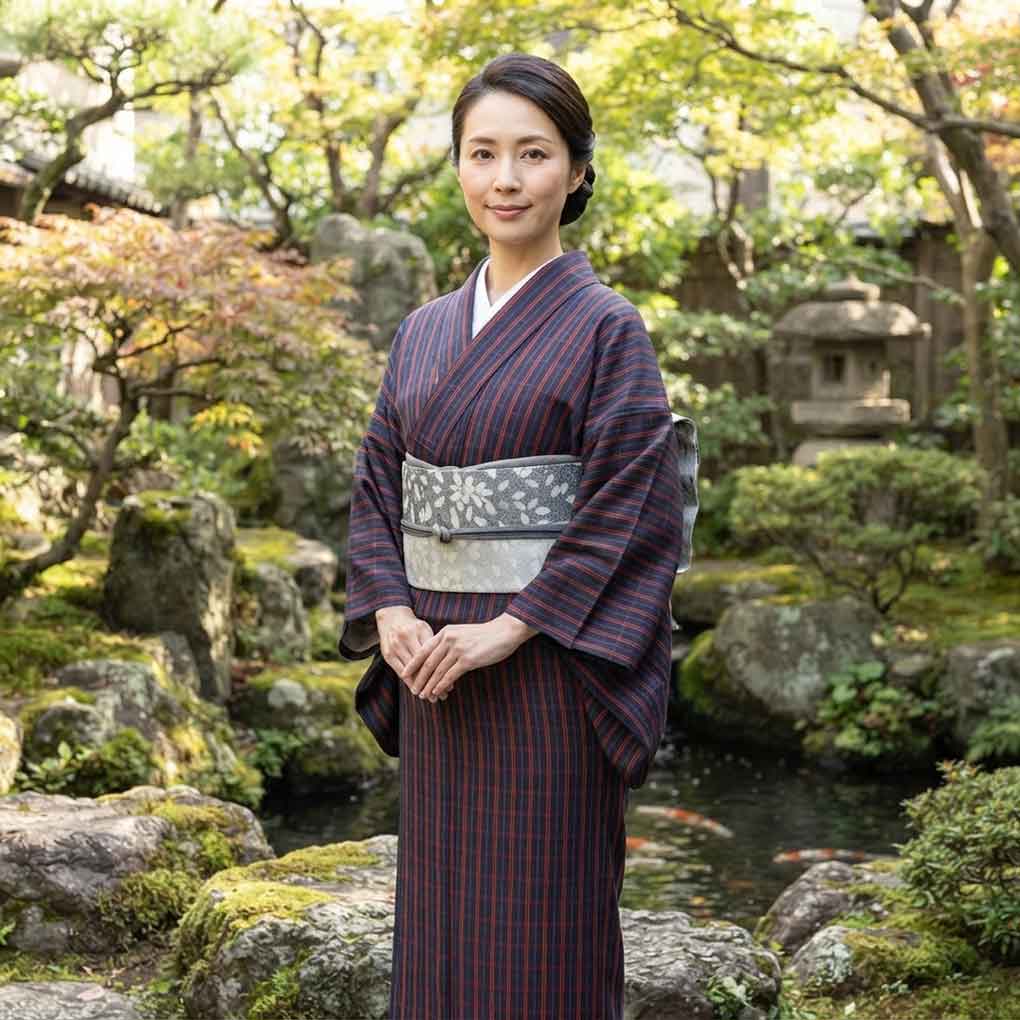 紬 リサイクル着物 身丈161cm 裄64cm 前幅22cm 後幅30cm 袖丈49cm 袖幅32cm レディース 袷 格子 裄Mサイズ 秋冬春用 正絹（シルク）ネイビー 未使用品 リメイク リユース【ランクS】