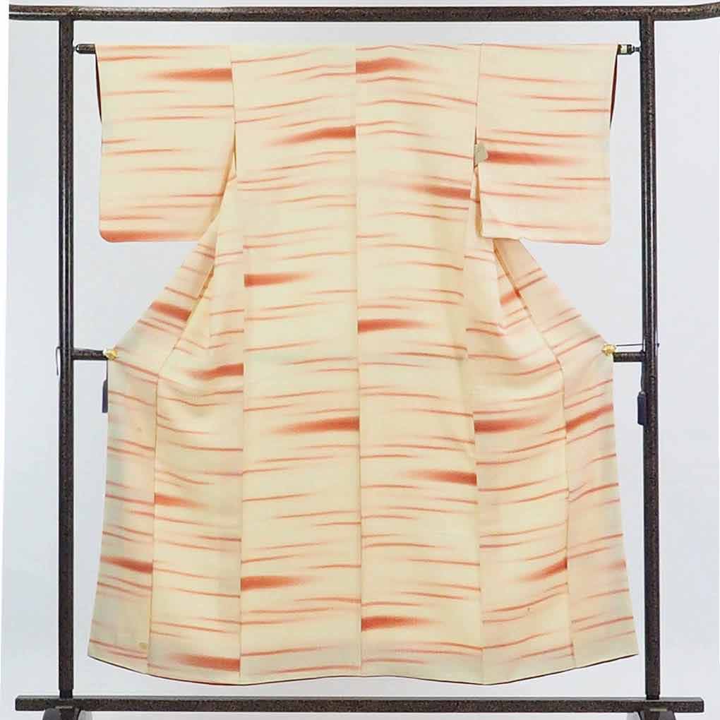 【在庫処分】リサイクル着物 小紋正絹薄オレンジ地横段柄袷小紋着物レディース【裄Sサイズ】【ランクB】