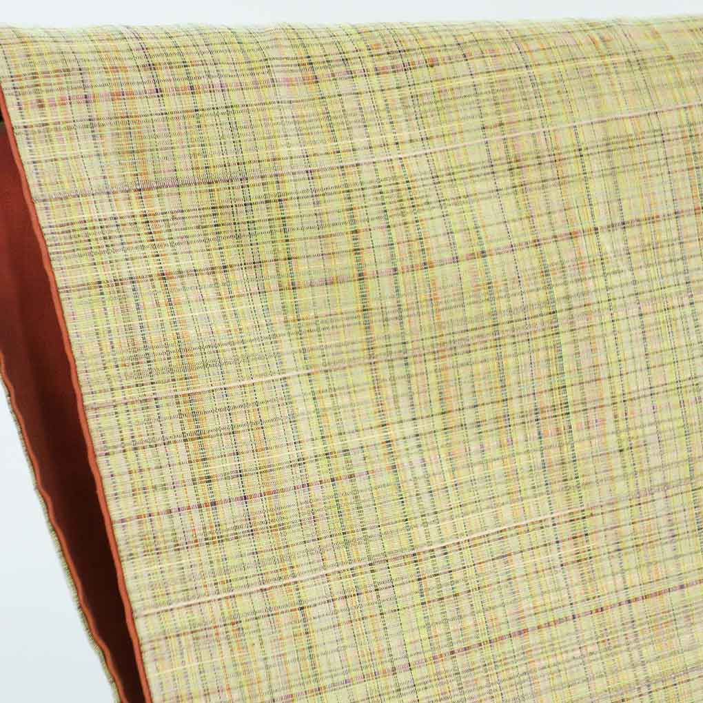 紬 リサイクル着物 身丈163cm 裄64cm 前幅25cm 後幅30cm 袖丈49cm 袖幅32cm レディース 袷 格子 裄Mサイズ 秋冬春用 正絹（シルク）イエロー やや難 リメイク リユース【ランクB】