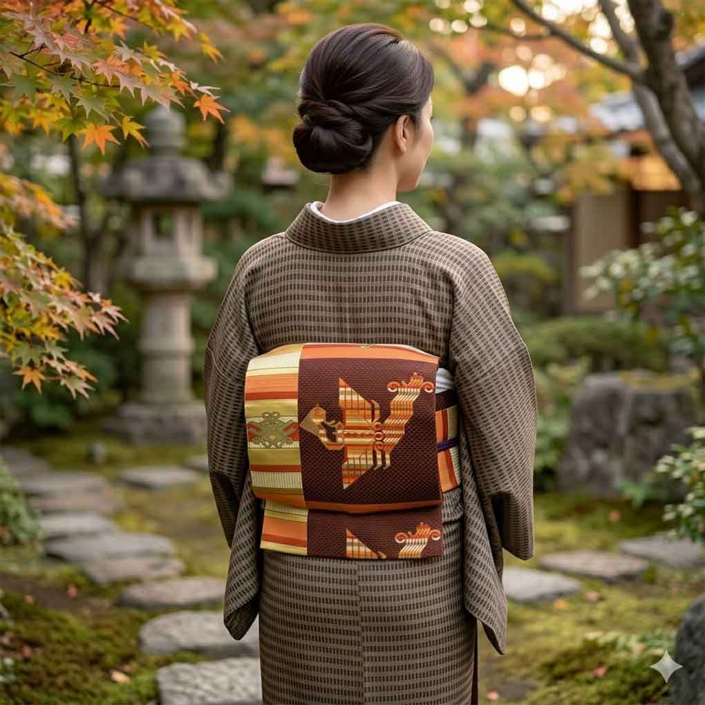 名古屋帯 リサイクル帯 幅30cm 長さ361cm レディース 鳥柄 秋冬春用 正絹（シルク）ブラウン 美品 リメイク リユース【ランクA】