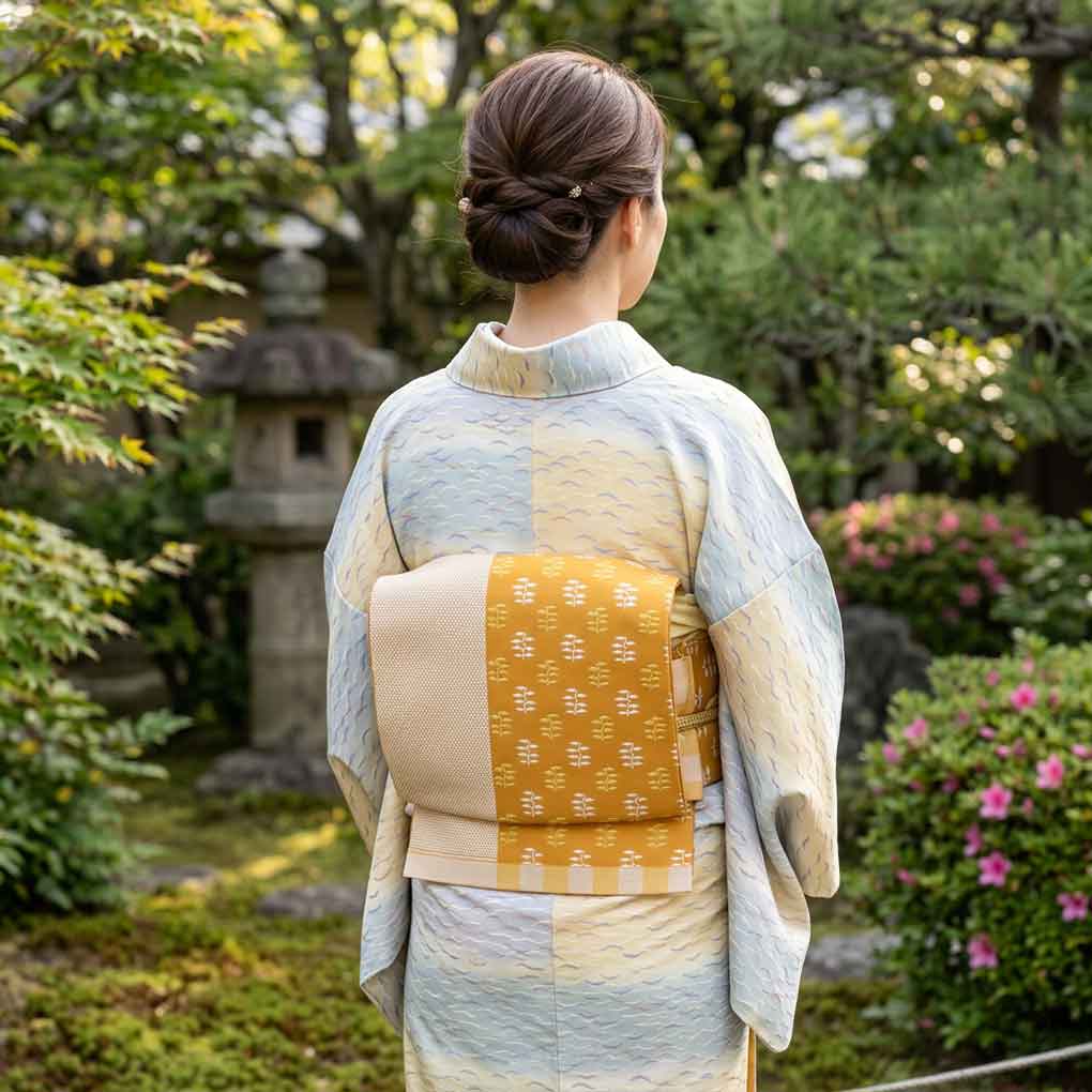 京袋帯 リサイクル帯 幅30cm 長さ390cm レディース 植物 秋冬春用 正絹（シルク）イエロー 未使用品 リメイク リユース【ランクS】