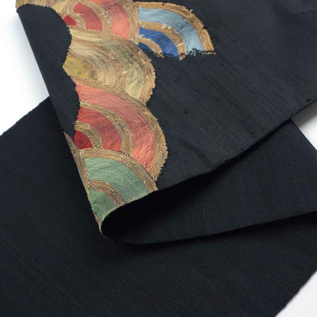 名古屋帯 リサイクル帯 幅30.5cm 長さ362cm レディース 抽象柄 秋冬春用 正絹(シルク)ブラック 美品 リメイク リユース【ランクA】