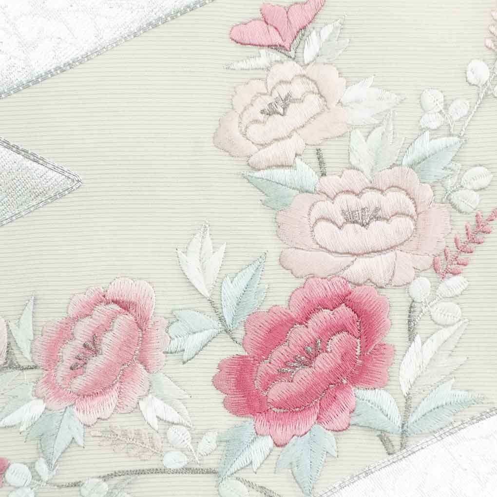 名古屋帯 リサイクル帯 幅30cm 長さ360cm レディース 花柄 秋冬春用 正絹（シルク）シルバー 美品 リメイク リユース【ランクA】