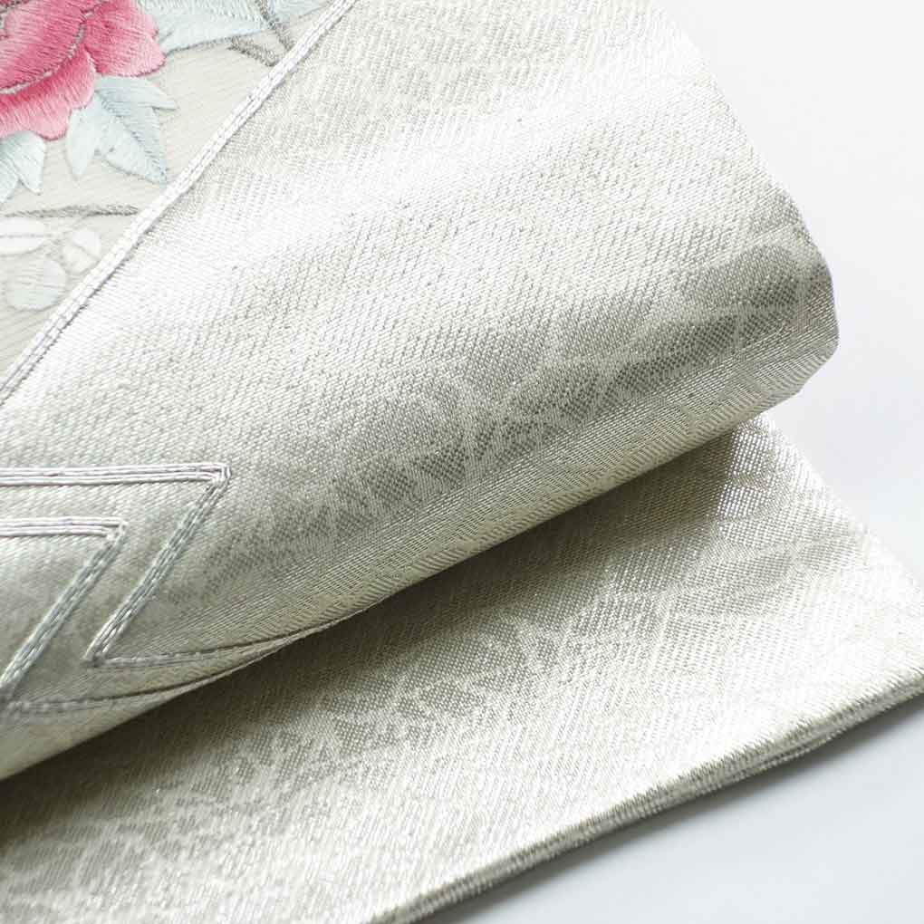 名古屋帯 リサイクル帯 幅30cm 長さ360cm レディース 花柄 秋冬春用 正絹（シルク）シルバー 美品 リメイク リユース【ランクA】