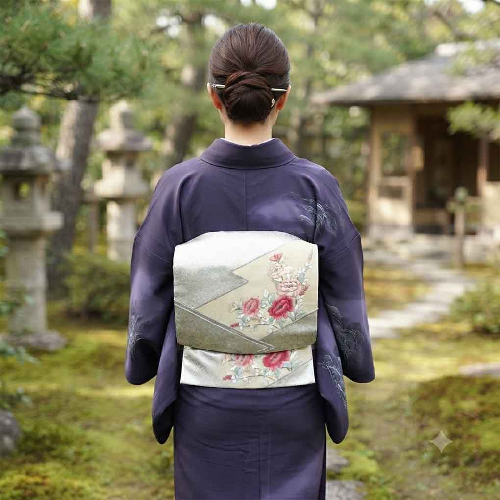 名古屋帯 リサイクル帯 幅30cm 長さ360cm レディース 花柄 秋冬春用 正絹（シルク）シルバー 美品 リメイク リユース【ランクA】