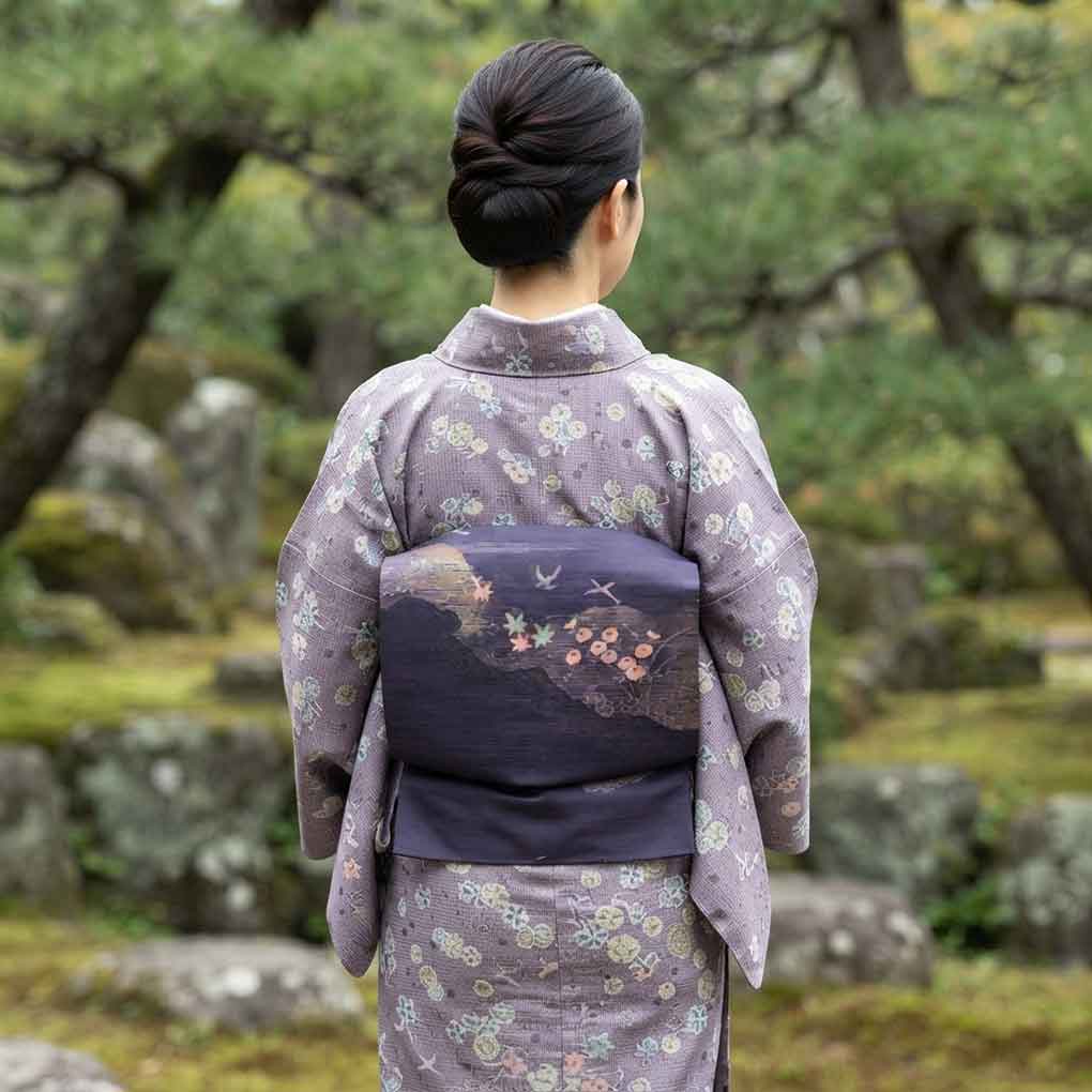名古屋帯 リサイクル帯 幅29.5cm 長さ360cm レディース 花柄 秋冬春用 正絹（シルク）パープル 美品 リメイク リユース【ランクA】