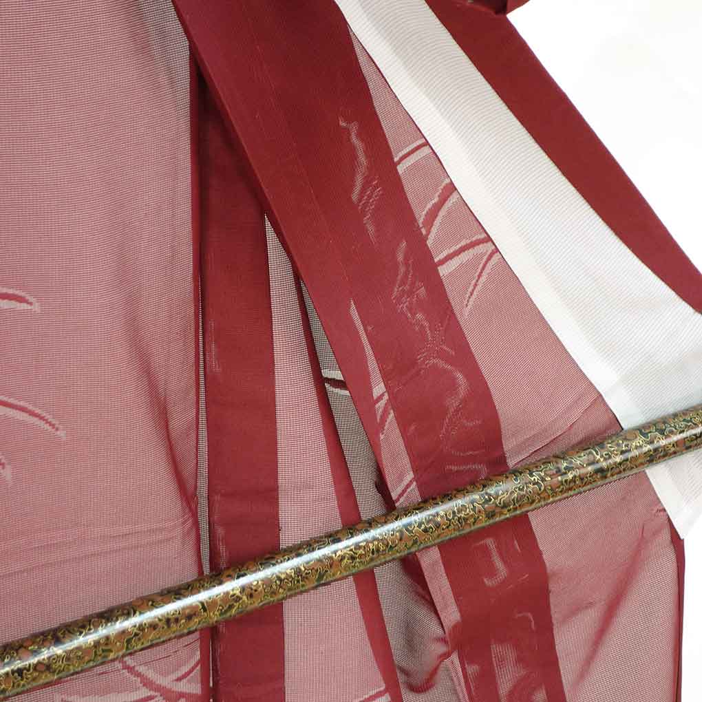 小紋 リサイクル着物 身丈150cm 裄66cm 前幅24.5cm 後幅29.5cm 袖丈49cm 袖幅33cm レディース 雪輪露芝 裄長 裄M-Lサイズ 夏用 ポリエステル レッド 美品 リメイク リユース【ランクA】