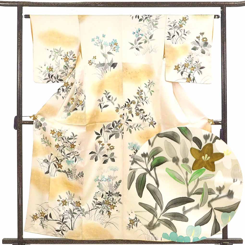 小紋 リサイクル着物 身丈160cm 裄62cm 前幅25cm 後幅29cm 袖丈49cm 袖幅32cm レディース 袷 花柄 裄Sサイズ 秋冬春用 正絹（シルク）ホワイト やや難 リメイク リユース【ランクB】