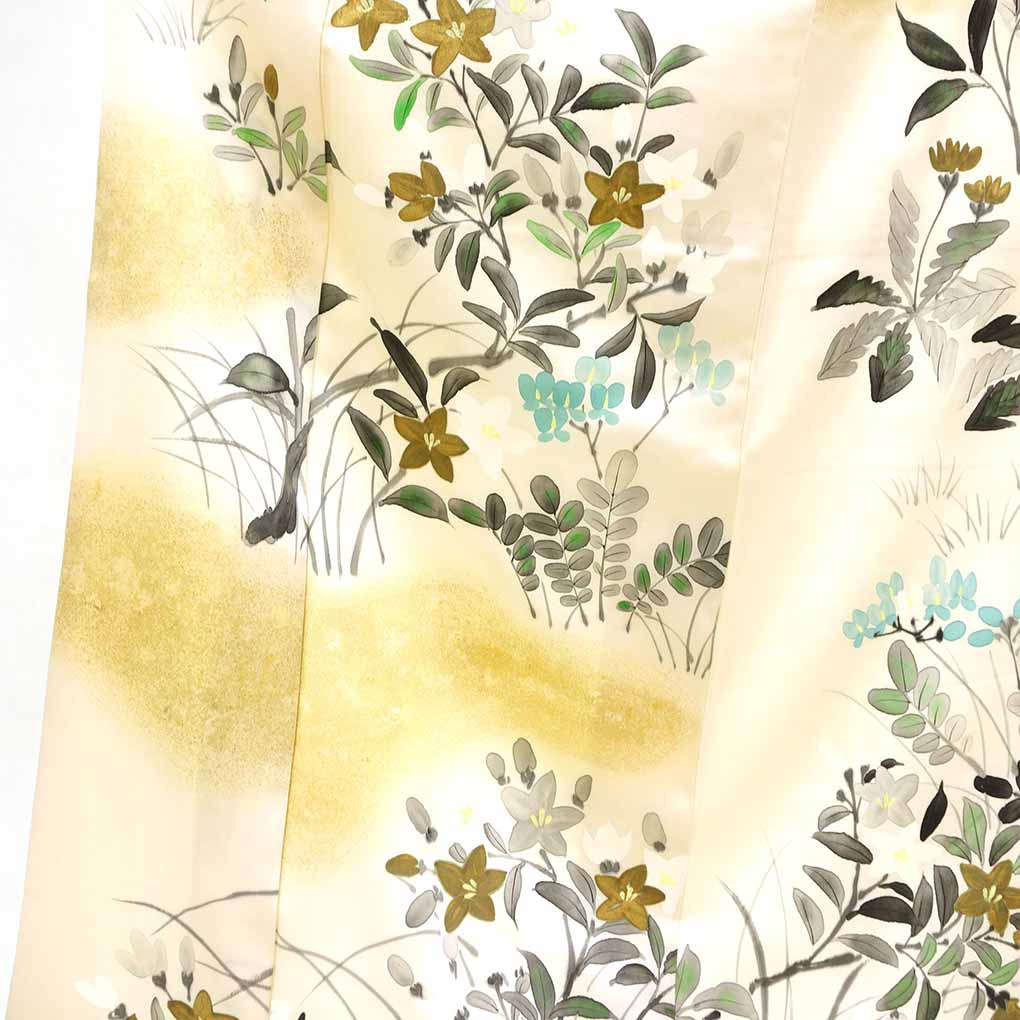 小紋 リサイクル着物 身丈160cm 裄62cm 前幅25cm 後幅29cm 袖丈49cm 袖幅32cm レディース 袷 花柄 裄Sサイズ 秋冬春用 正絹（シルク）ホワイト やや難 リメイク リユース【ランクB】