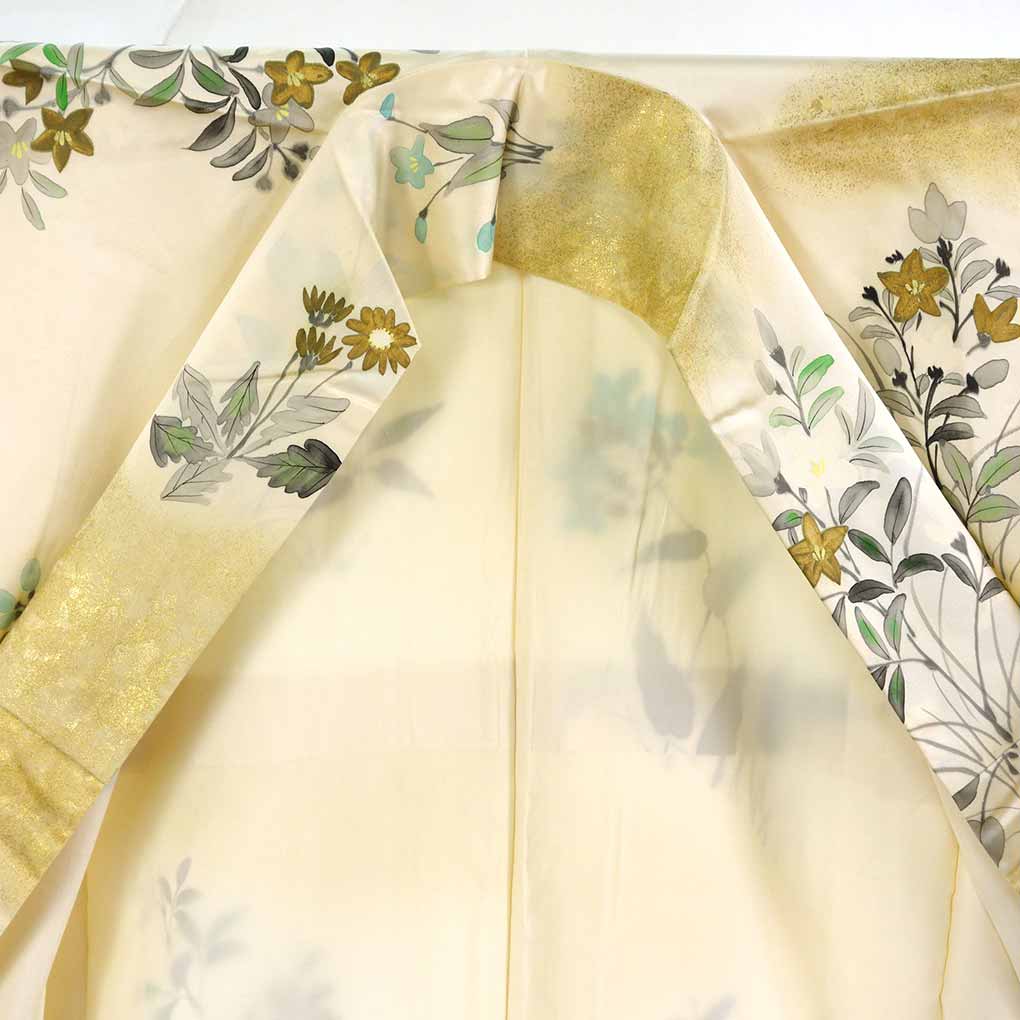 小紋 リサイクル着物 身丈160cm 裄62cm 前幅25cm 後幅29cm 袖丈49cm 袖幅32cm レディース 袷 花柄 裄Sサイズ 秋冬春用 正絹（シルク）ホワイト やや難 リメイク リユース【ランクB】