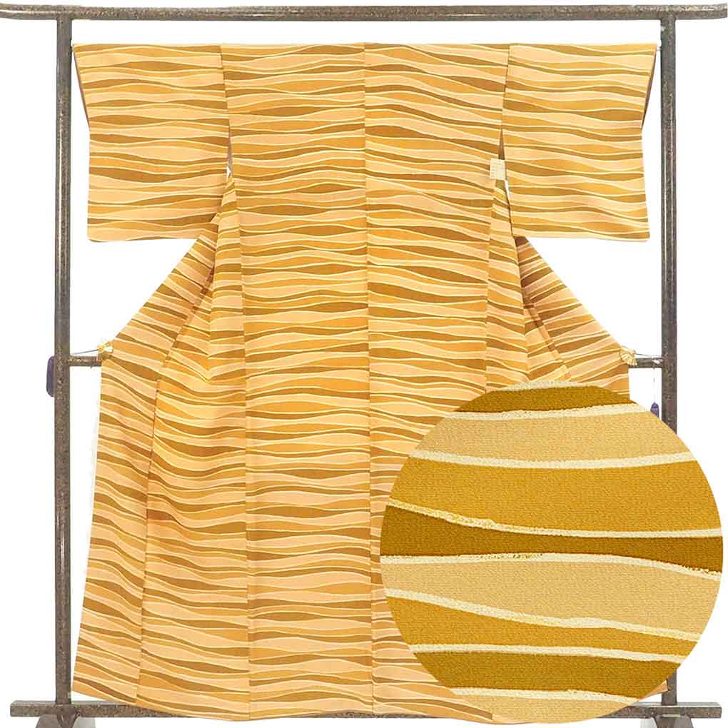 小紋 リサイクル着物 身丈160cm 裄67cm 前幅26.5cm 後幅30.5cm 袖丈48cm 袖幅34cm レディース 袷 横段柄 裄長 裄Lサイズ 秋冬春用 正絹(シルク)ブラウン 美品 リメイク リユース【ランクA】