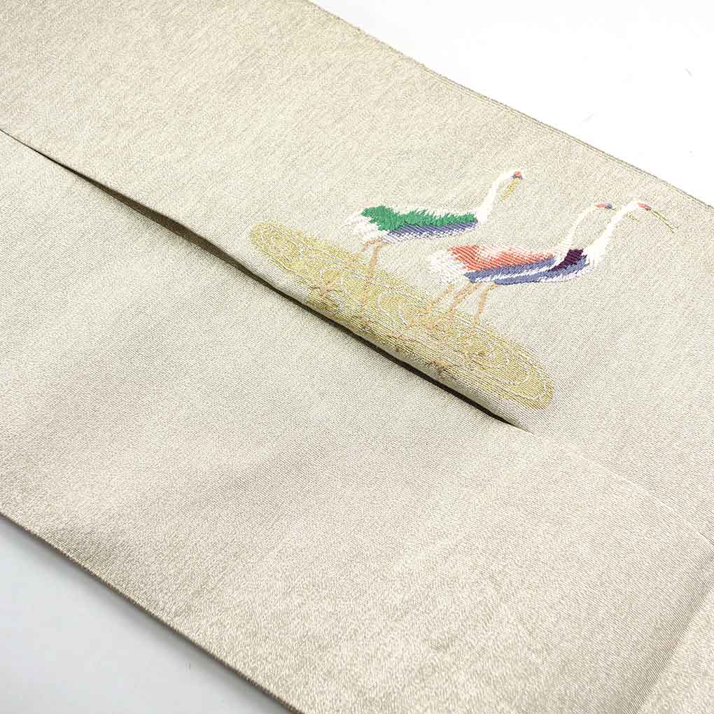 名古屋帯 リサイクル帯 幅30cm 長さ354cm レディース 鶴 秋冬春用 正絹(シルク)シルバー 未使用品 リメイク リユース【ランクS】