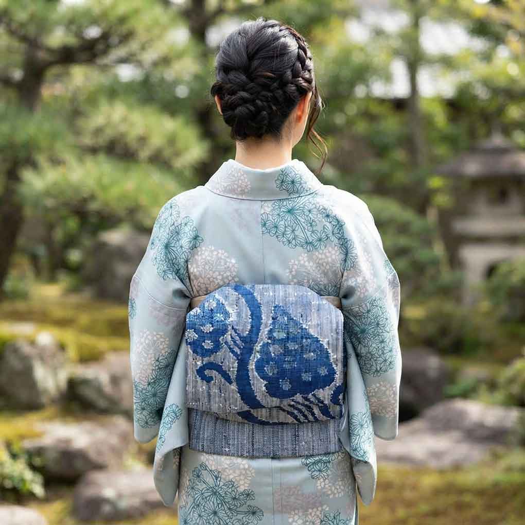 名古屋帯 リサイクル帯 幅31cm 長さ346cm レディース 植物 秋冬春用 正絹(シルク)ネイビー 美品 リメイク リユース【ランクA】