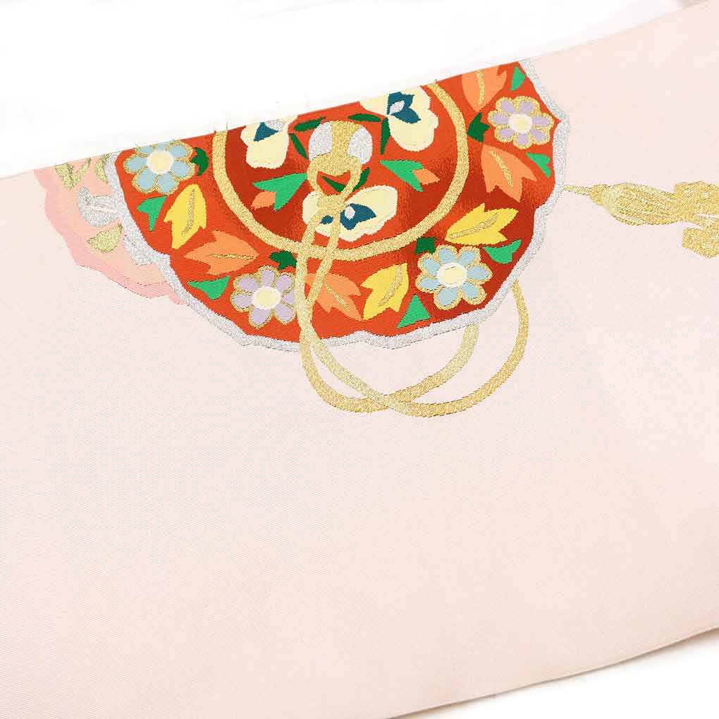 リサイクル帯 名古屋帯 薄ピンク地 鏡柄 正絹 綴れ帯 八寸帯  