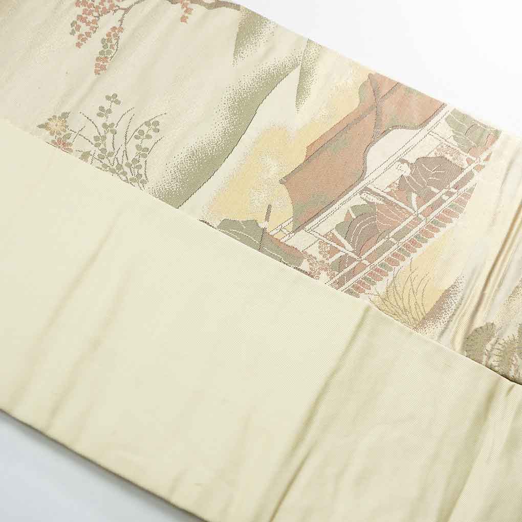 名古屋帯 リサイクル帯 幅31cm 長さ348cm レディース 宮中柄 秋冬春用 正絹(シルク)ゴールド 美品 リメイク リユース【ランクA】