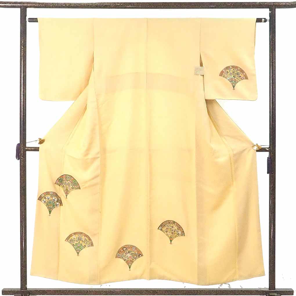付下 リサイクル着物 身丈155cm 裄61cm 前幅24cm 後幅30cm 袖丈48cm 袖幅30cm レディース 袷 扇面 裄Sサイズ 秋冬春用 正絹（シルク）イエロー やや難 リメイク リユース【ランクB】