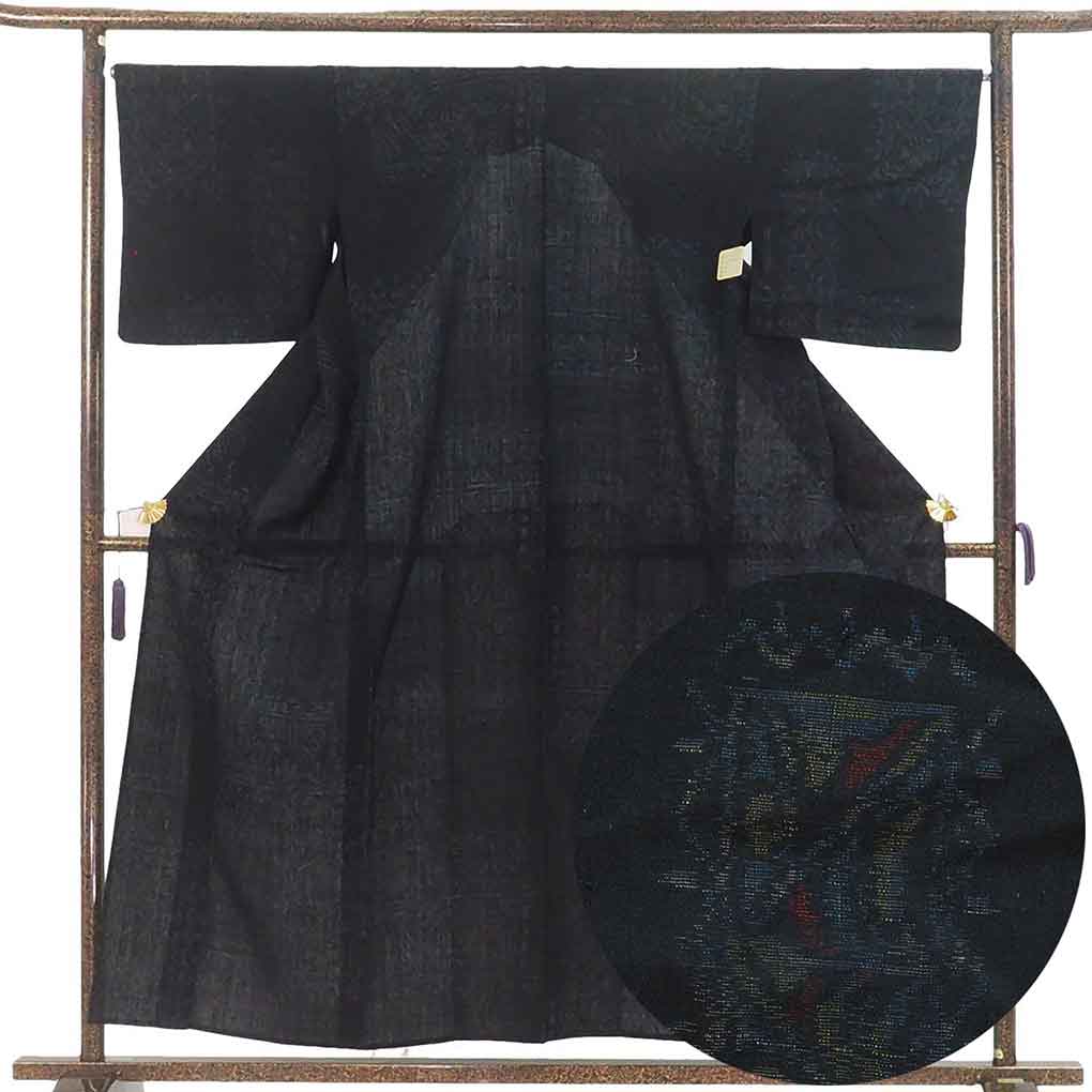 紬 リサイクル着物 身丈157cm 裄67cm 前幅27cm 後幅32.5cm 袖丈45cm 袖幅34cm レディース 単衣 連続模様 裄長 裄Lサイズ 初夏・初秋用 正絹（シルク）ネイビー 美品 リメイク リユース【ランクA】