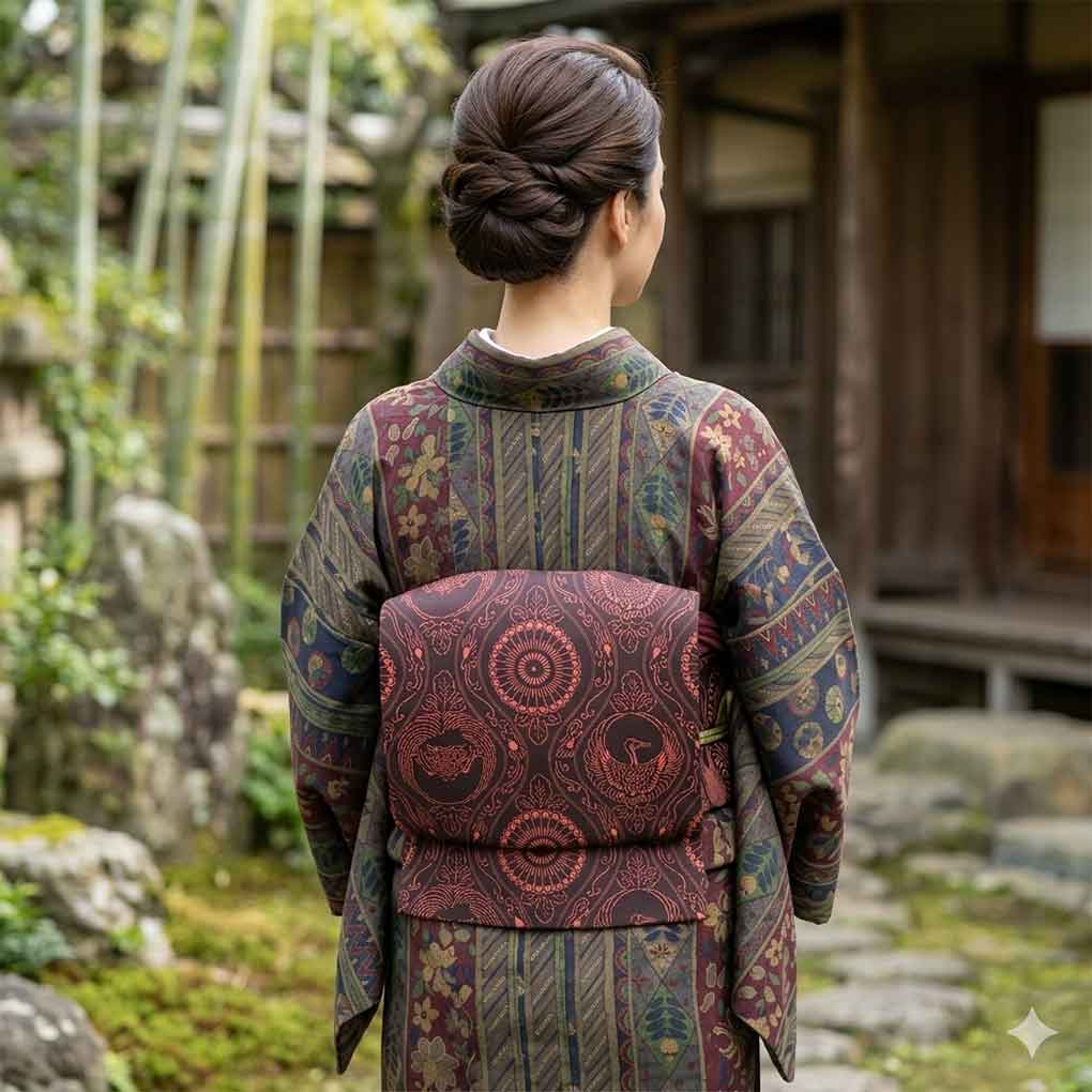 名古屋帯 リサイクル帯 幅30cm 長さ347cm レディース 鶴 秋冬春用 正絹(シルク)ブラック 美品 塩瀬 リメイク リユース【ランクA】