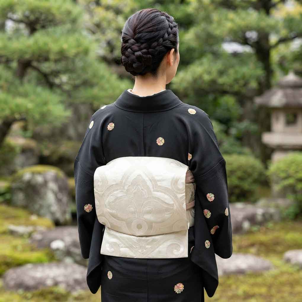 名古屋帯 リサイクル帯 幅30.5cm 長さ350cm レディース 連続模様 秋冬春用 正絹(シルク)シルバー 美品 リメイク リユース【ランクA】