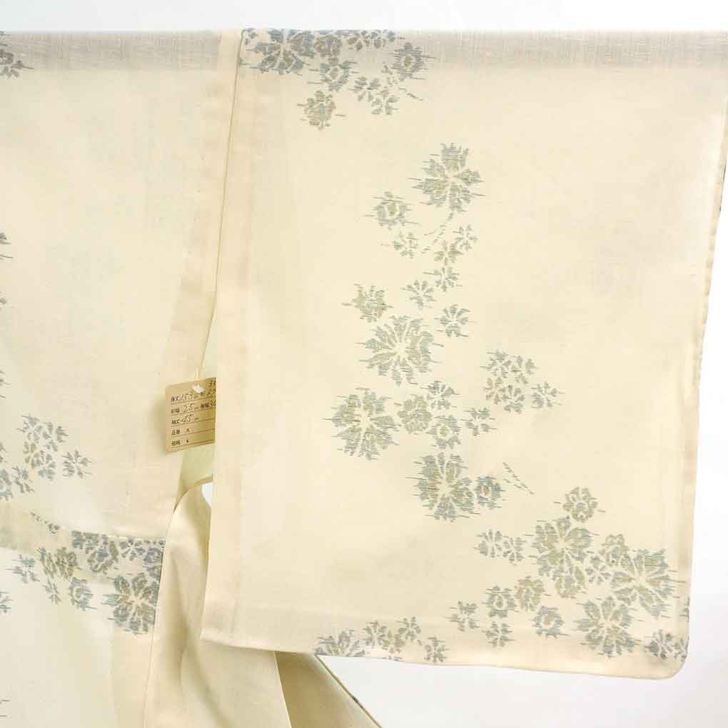 紬 リサイクル着物 身丈153cm 裄67cm 前幅25cm 後幅30.5cm 袖丈45cm 袖幅33cm レディース 花柄 裄長 裄Lサイズ 夏用 正絹（シルク）ホワイト 未使用品 リメイク リユース【ランクS】