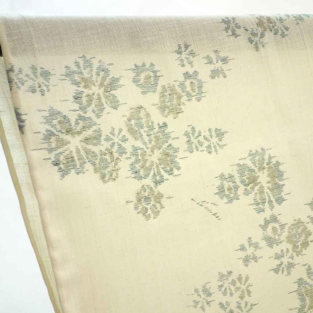 紬 リサイクル着物 身丈153cm 裄67cm 前幅25cm 後幅30.5cm 袖丈45cm 袖幅33cm レディース 花柄 裄長 裄Lサイズ 夏用 正絹（シルク）ホワイト 未使用品 リメイク リユース【ランクS】