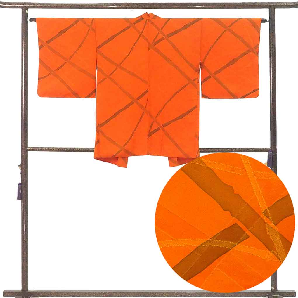 羽織 リサイクル着物 羽織丈80cm 裄63cm 袖丈47cm 袖幅33cm レディース 袷 抽象柄 裄Mサイズ 秋冬春用 正絹（シルク）オレンジ 美品 リメイク リユース【ランクA】