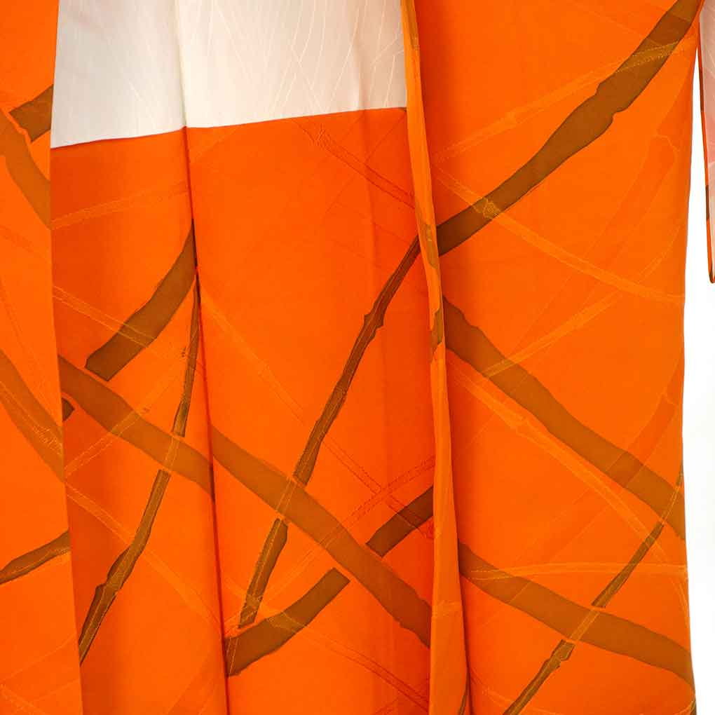 羽織 リサイクル着物 羽織丈80cm 裄63cm 袖丈47cm 袖幅33cm レディース 袷 抽象柄 裄Mサイズ 秋冬春用 正絹（シルク）オレンジ 美品 リメイク リユース【ランクA】