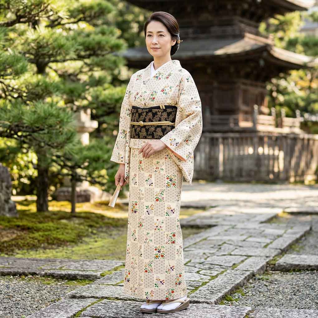 小紋 リサイクル着物 身丈150cm 裄69cm 前幅24.5cm 後幅30cm 袖丈50cm 袖幅35cm レディース 袷 麻の葉 裄長 裄L-LLサイズ 秋冬春用 正絹（シルク）ホワイト 美品 リメイク リユース【ランクA】