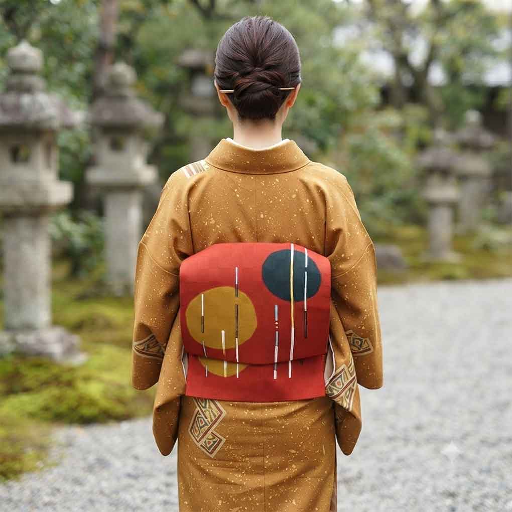 名古屋帯 リサイクル帯 幅31cm 長さ372cm レディース 抽象柄 秋冬春用 正絹(シルク)ブラウン 美品 リメイク リユース【ランクA】