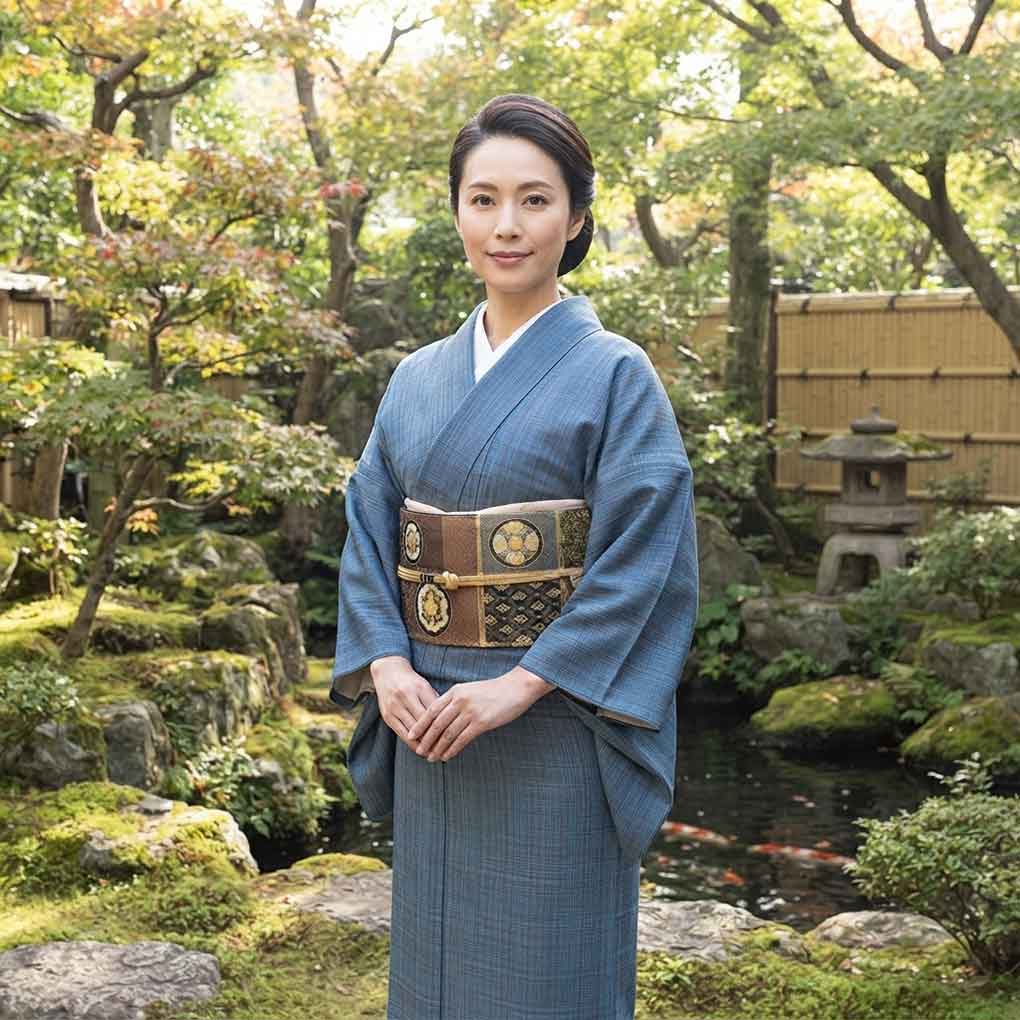 紬 リサイクル着物 身丈158cm 裄65cm 前幅24.5cm 後幅30cm 袖丈47cm 袖幅33cm レディース 単衣 横段柄 裄Mサイズ 初夏・初秋用 正絹(シルク)ブルー 美品 リメイク リユース【ランクA】