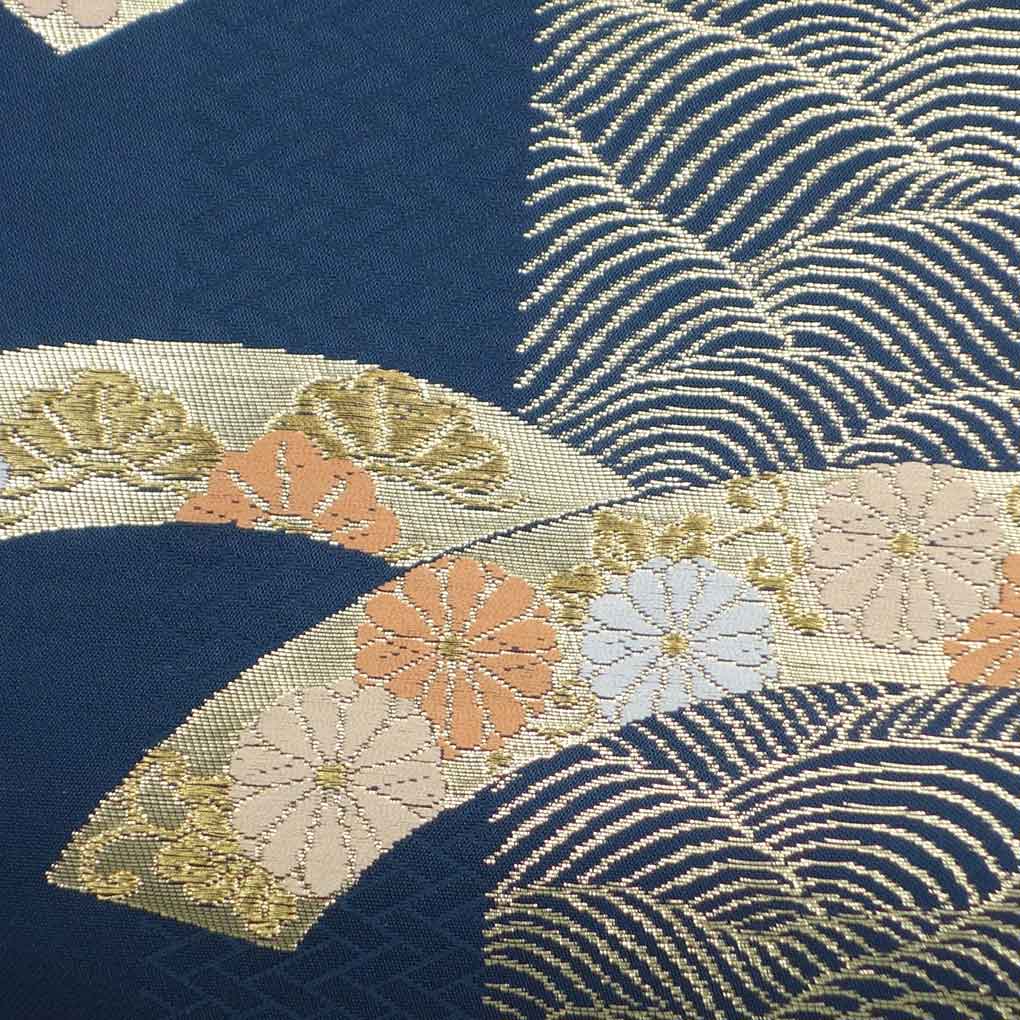 名古屋帯 リサイクル帯 幅30cm 長さ353cm レディース 花柄 秋冬春用 正絹(シルク)ネイビー 美品 リメイク リユース【ランクA】
