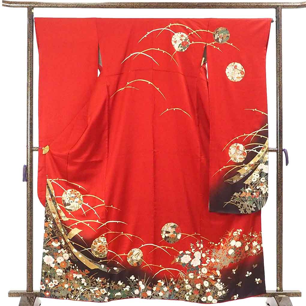 リサイクル 振袖 着物 身丈164cm 裄67cm 前幅23.5cm 後幅28cm 袖丈110cm 袖幅34cm レディース 袷 雪輪 裄長 裄Lサイズ 秋冬春用 正絹(シルク)赤地 トールサイズ 美品 リサイクル リメイク リユース【ランクA】