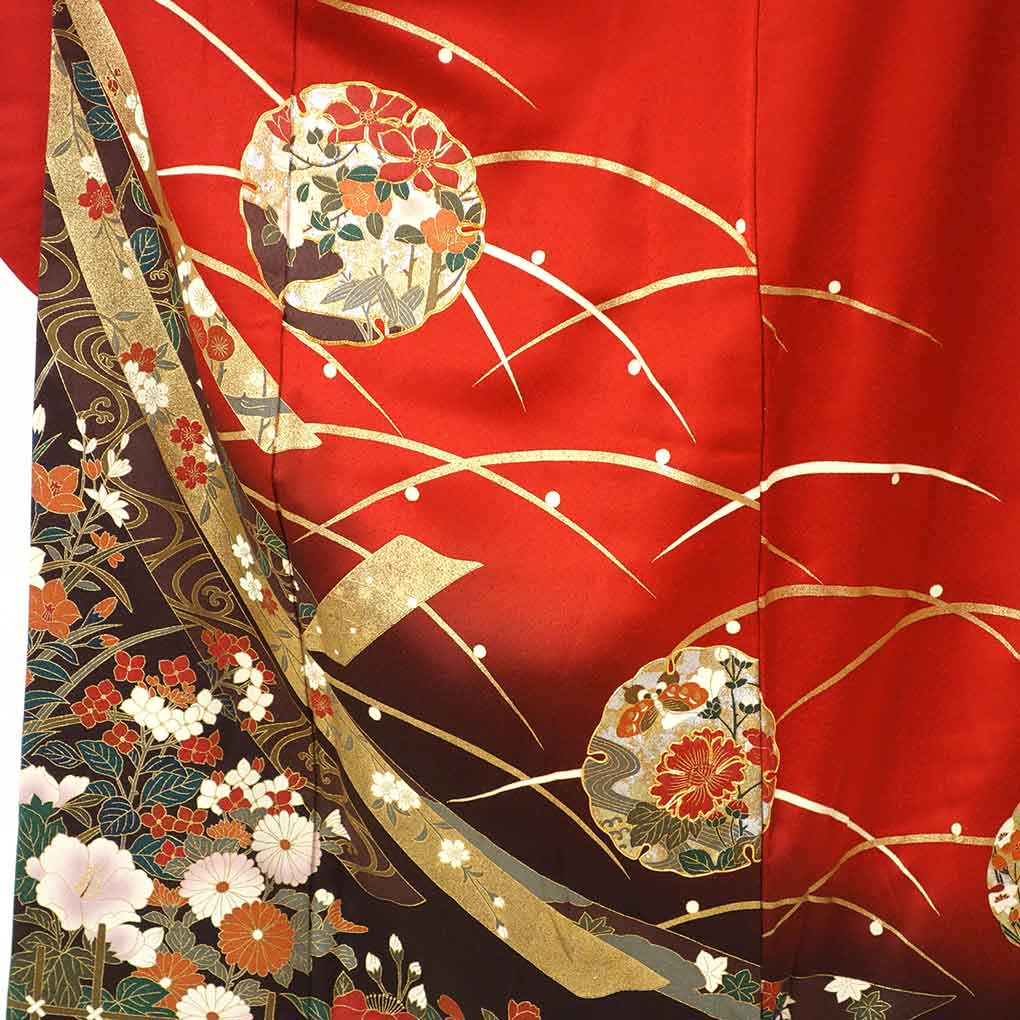 リサイクル 振袖 着物 身丈164cm 裄67cm 前幅23.5cm 後幅28cm 袖丈110cm 袖幅34cm レディース 袷 雪輪 裄長 裄Lサイズ 秋冬春用 正絹(シルク)赤地 トールサイズ 美品 リサイクル リメイク リユース【ランクA】