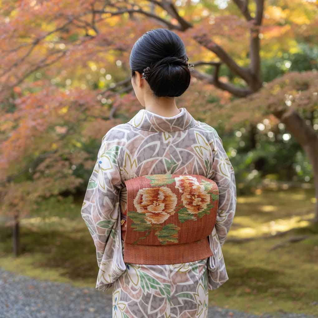 名古屋帯 リサイクル帯 幅31cm 長さ357cm レディース 花柄 夏用 正絹（シルク）ブラウン 未使用品 リメイク リユース【ランクS】