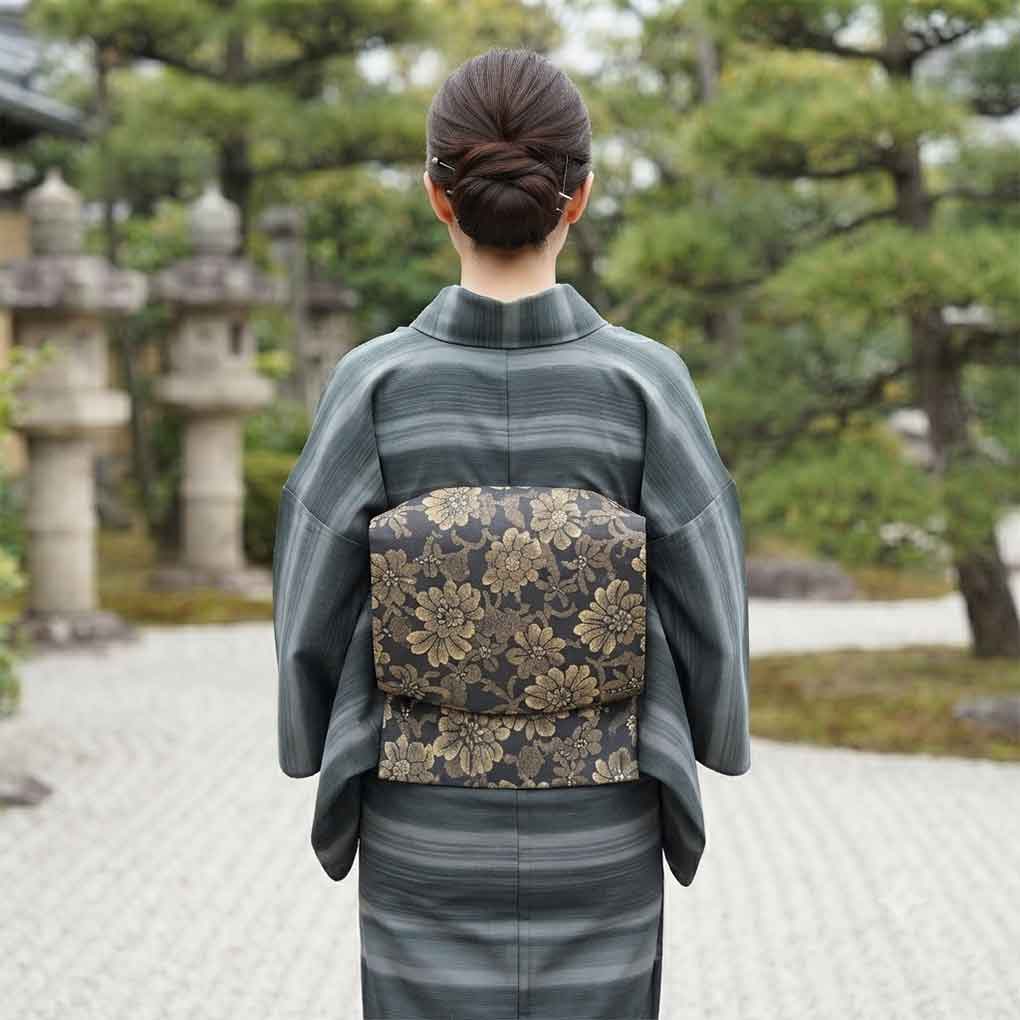 名古屋帯 リサイクル帯 幅30cm 長さ314cm レディース 花柄 秋冬春用 正絹(シルク)ブラック 美品 リメイク リユース【ランクA】