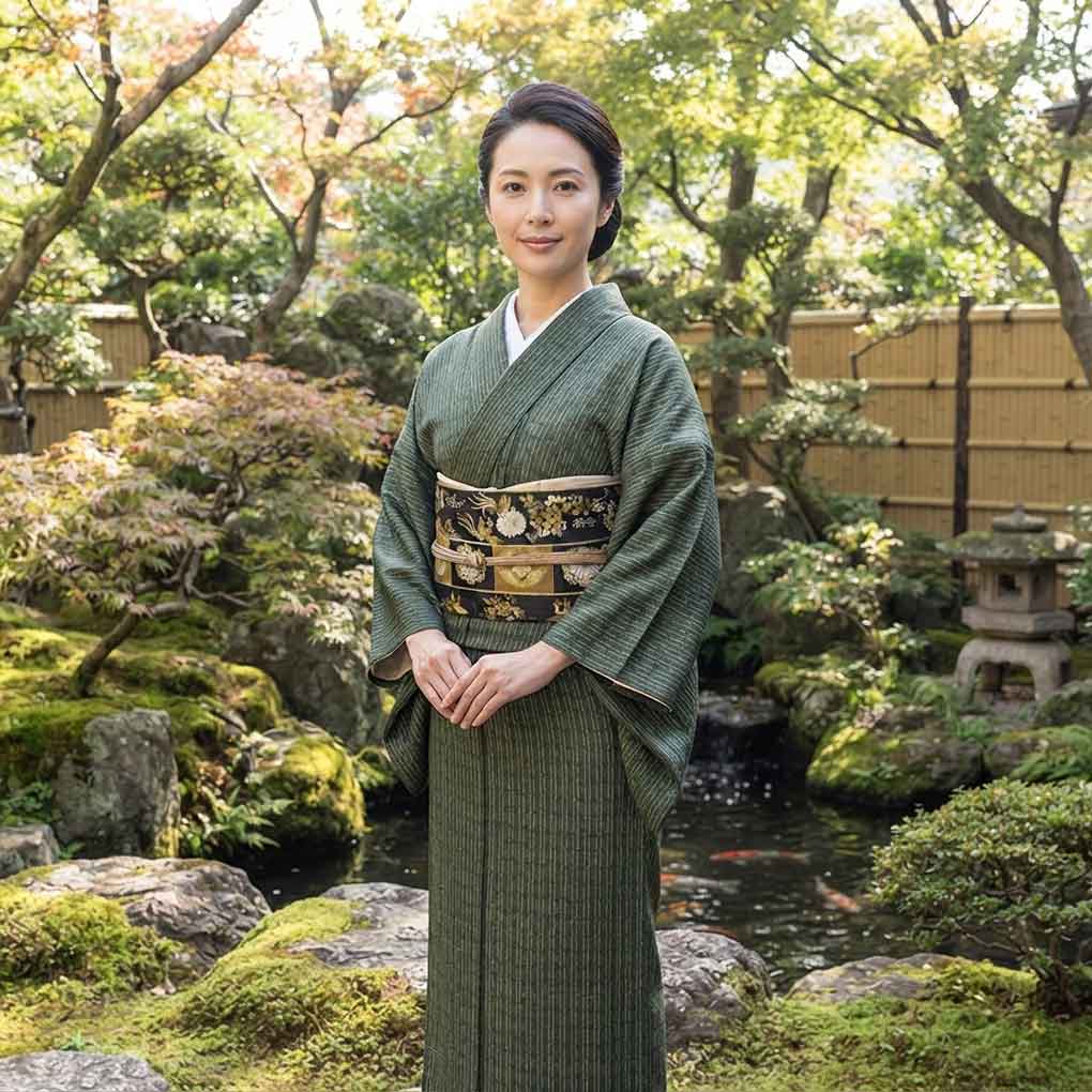 紬 リサイクル着物 身丈160cm 裄65cm 前幅24cm 後幅30cm 袖丈45cm 袖幅33cm レディース 袷 連続模様 裄Mサイズ 秋冬春用 正絹（シルク）グリーン 美品 リメイク リユース【ランクA】