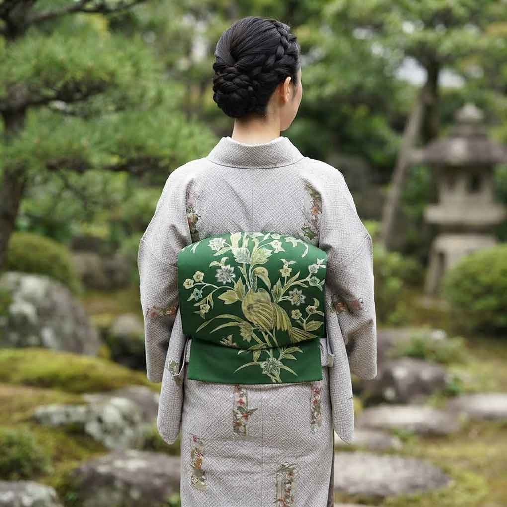 名古屋帯 リサイクル帯 幅30.5cm 長さ358cm レディース 鳥柄 秋冬春用 正絹（シルク）グリーン 美品 塩瀬 リメイク リユース【ランクA】