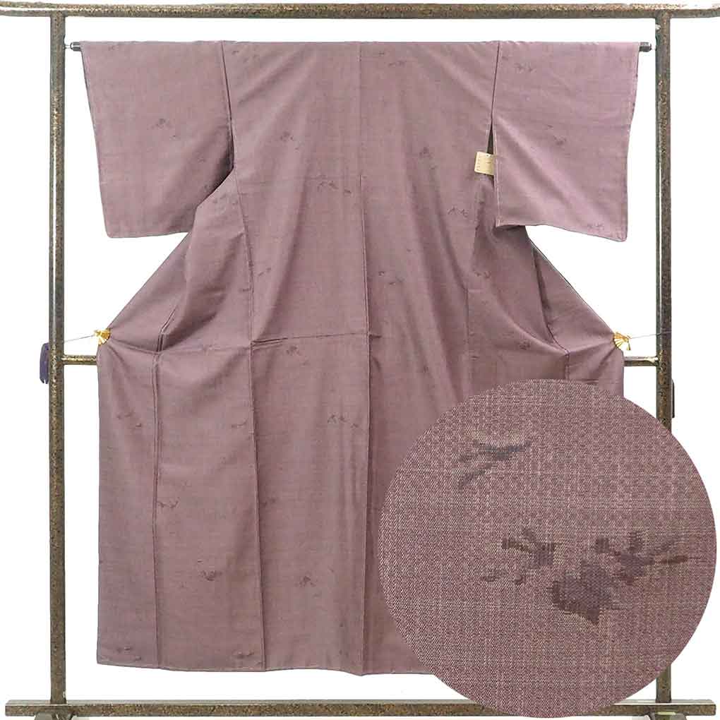 紬 リサイクル着物 身丈154cm 裄65cm 前幅25cm 後幅29cm 袖丈49cm 袖幅32cm レディース 袷 抽象柄 裄Mサイズ 秋冬春用 正絹(シルク)パープル 未使用品 リメイク リユース【ランクS】