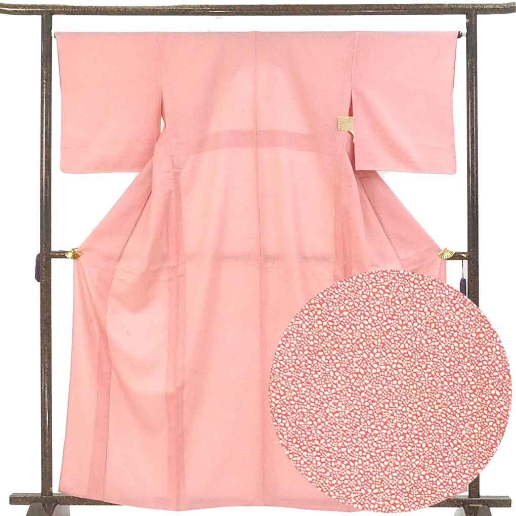 小紋 リサイクル着物 身丈162cm 裄66cm 前幅25cm 後幅31cm 袖丈49cm 袖幅33cm レディース 単衣 植物 裄長 裄M-Lサイズ 初夏・初秋用 正絹（シルク）ピンク 美品 リメイク リユース【ランクA】