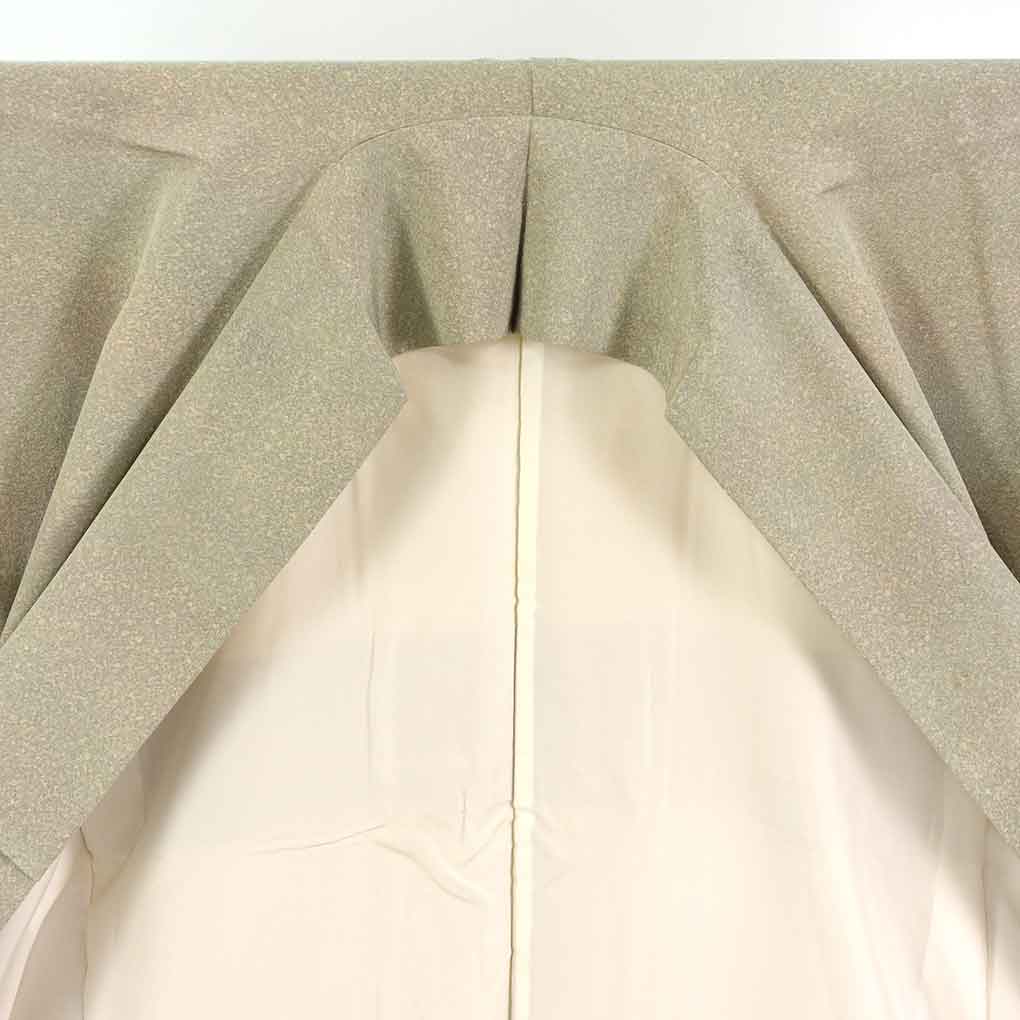 小紋 リサイクル着物 身丈153cm 裄64cm 前幅22.5cm 後幅30cm 袖丈46cm 袖幅33cm レディース 袷 天目染 裄Mサイズ 秋冬春用 正絹（シルク）グリーン やや難 リメイク リユース【ランクB】