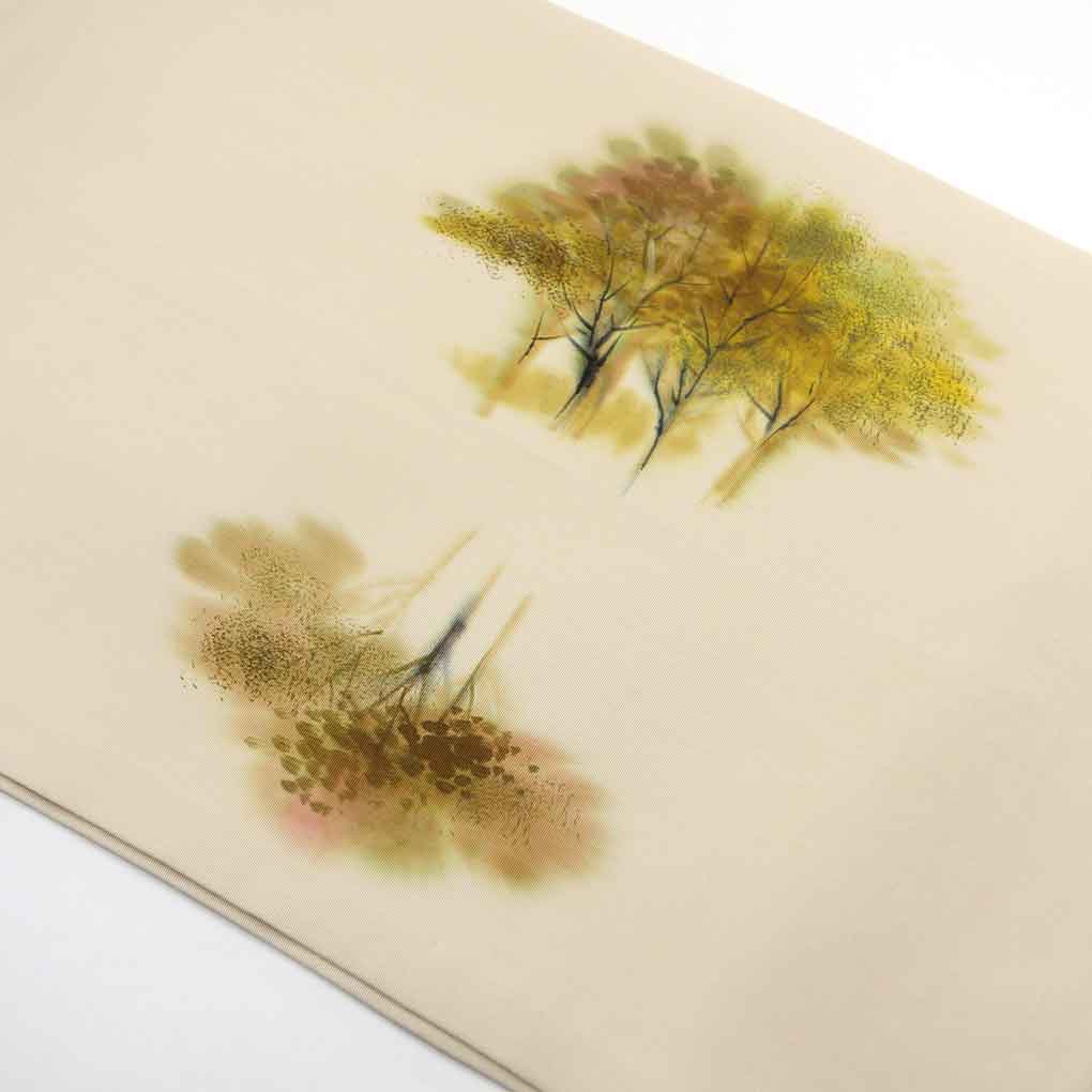 名古屋帯 リサイクル帯 幅31cm 長さ355cm レディース 風景画 秋冬春用 正絹（シルク）ブラウン 美品 リメイク リユース【ランクA】