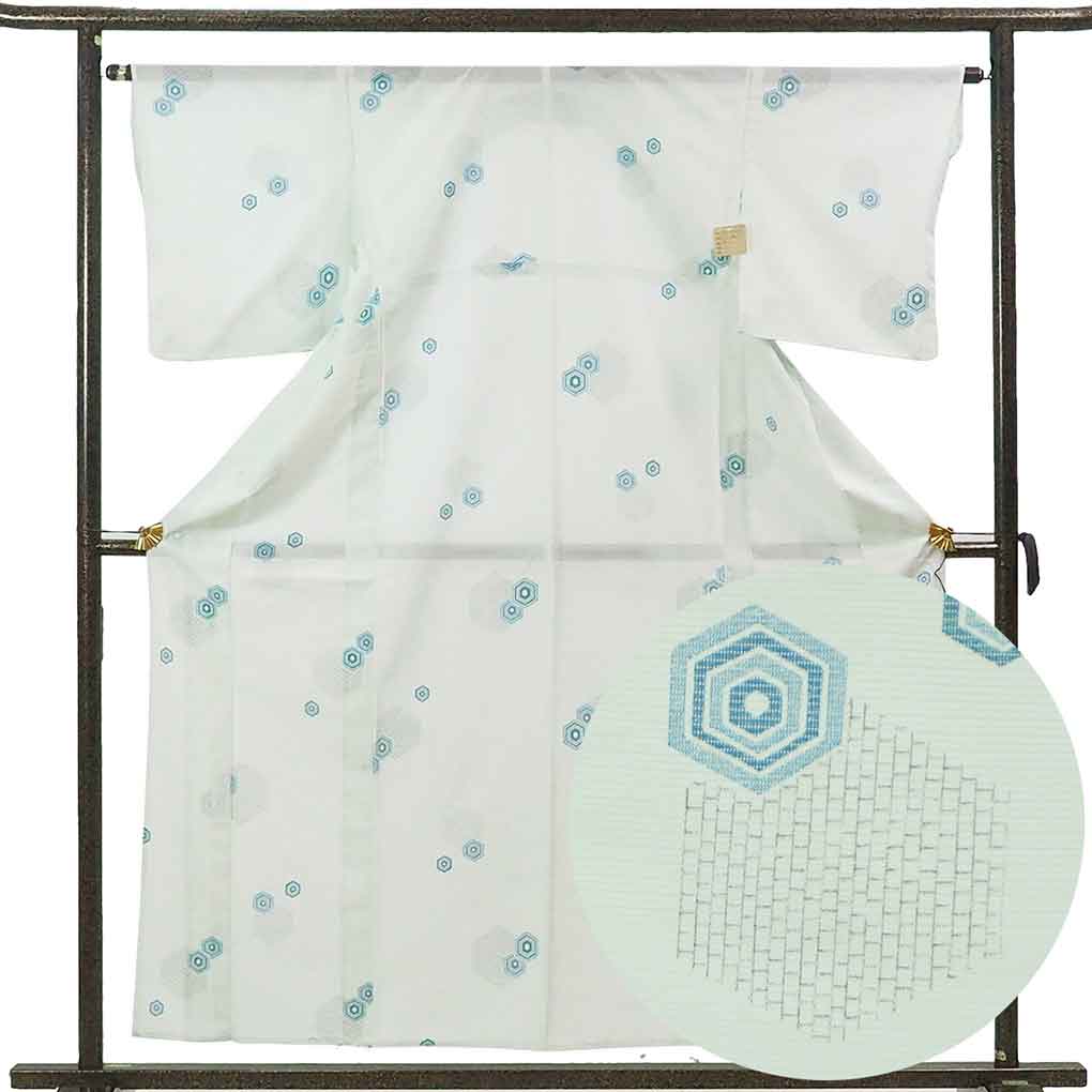 小紋 リサイクル着物 身丈158cm 裄64cm 前幅22.5cm 後幅29cm 袖丈48cm 袖幅32.5cm レディース 亀甲 裄Mサイズ 夏用 ポリエステル ブルー やや難 リメイク リユース【ランクB】