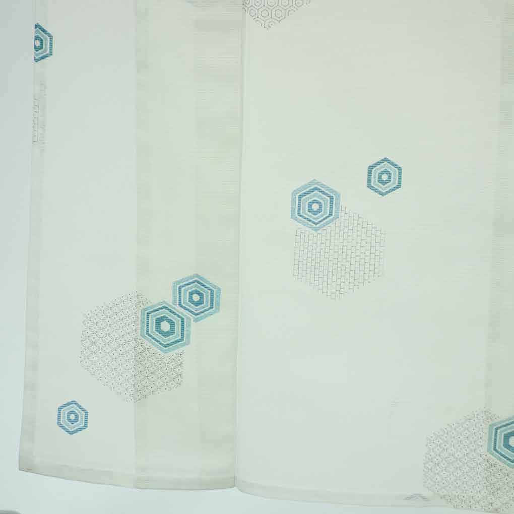 小紋 リサイクル着物 身丈158cm 裄64cm 前幅22.5cm 後幅29cm 袖丈48cm 袖幅32.5cm レディース 亀甲 裄Mサイズ 夏用 ポリエステル ブルー やや難 リメイク リユース【ランクB】