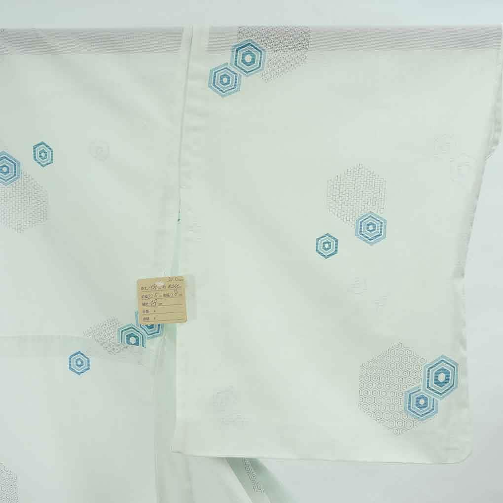 小紋 リサイクル着物 身丈158cm 裄64cm 前幅22.5cm 後幅29cm 袖丈48cm 袖幅32.5cm レディース 亀甲 裄Mサイズ 夏用 ポリエステル ブルー やや難 リメイク リユース【ランクB】