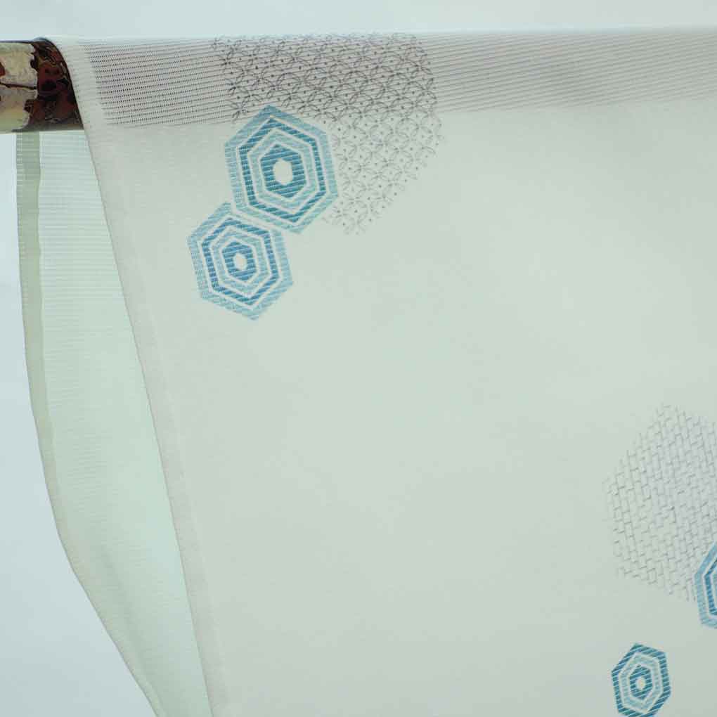 小紋 リサイクル着物 身丈158cm 裄64cm 前幅22.5cm 後幅29cm 袖丈48cm 袖幅32.5cm レディース 亀甲 裄Mサイズ 夏用 ポリエステル ブルー やや難 リメイク リユース【ランクB】