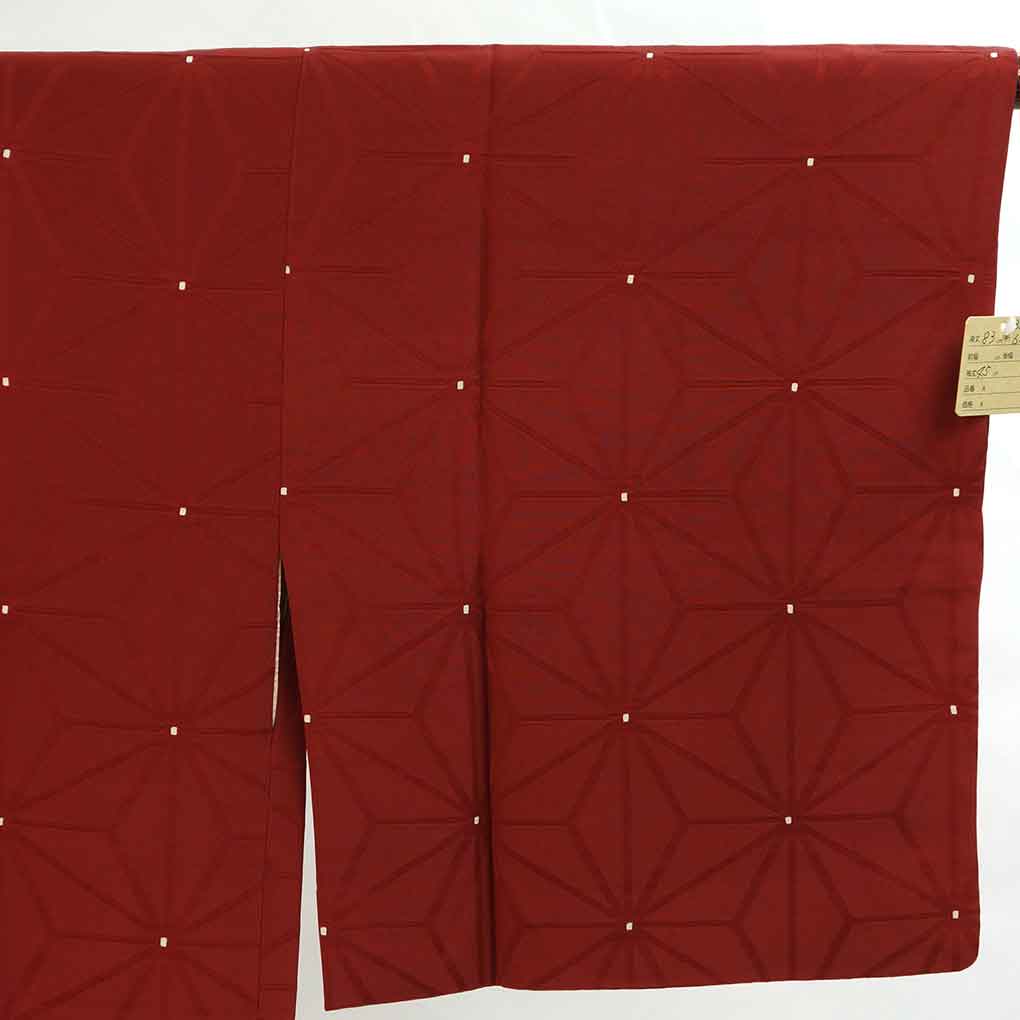 コート リサイクル着物 コート丈83cm 裄63cm 袖丈45cm 袖幅33cm レディース 袷 麻の葉 裄Mサイズ 秋冬春用 正絹(シルク)レッド 美品 リメイク リユース【ランクA】