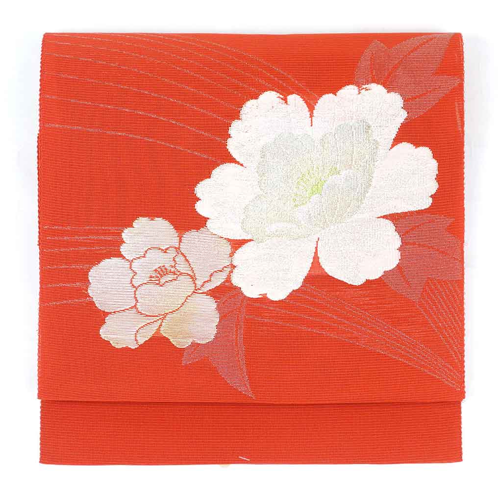 リサイクル帯 名古屋帯 赤地 花柄 夏物 九寸帯 正絹 レディース 夏用 シルク レッド フリーサイズ リユース幅31cm 長さ356cm【ランクA】