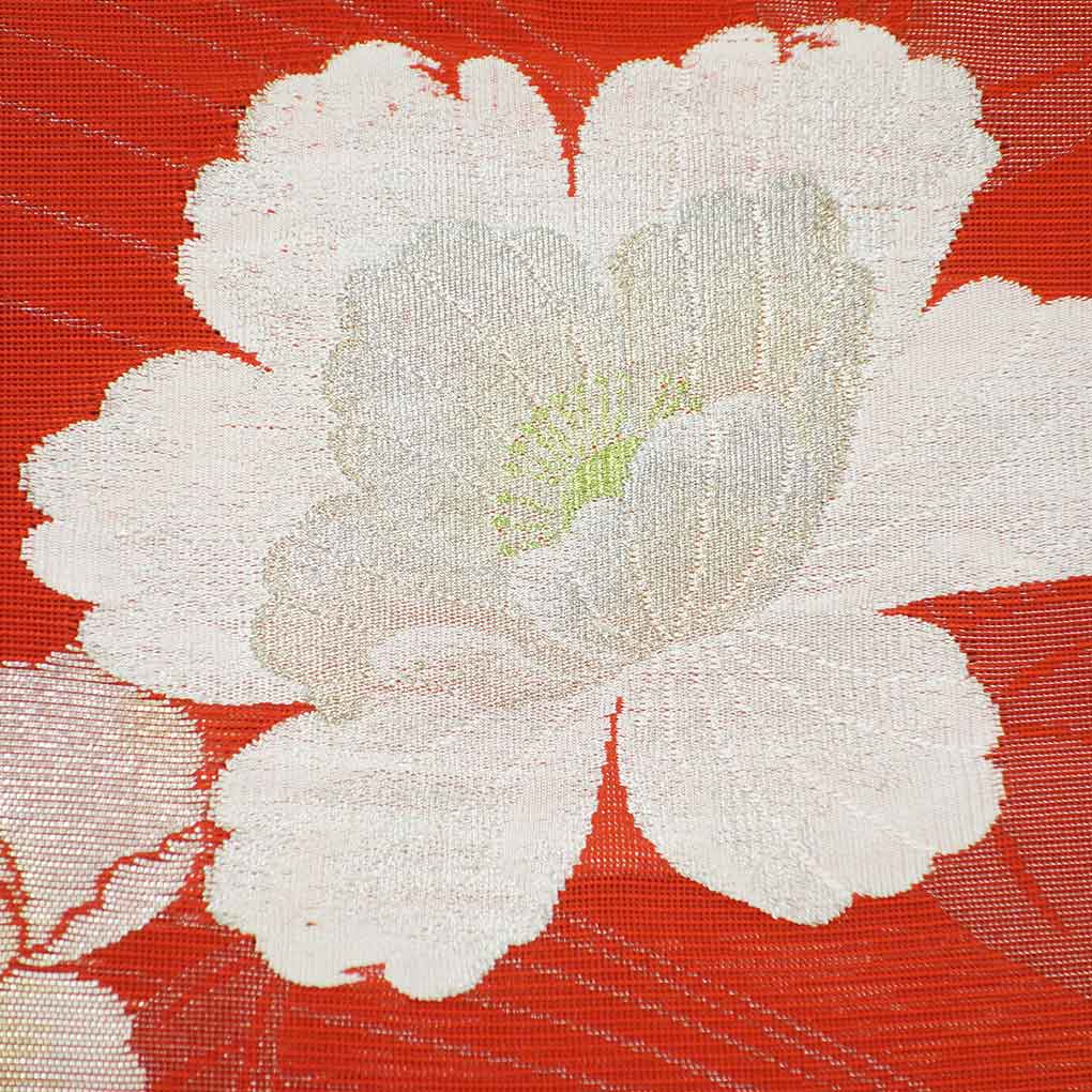 リサイクル帯 名古屋帯 赤地 花柄 夏物 九寸帯 正絹 レディース 夏用 シルク レッド フリーサイズ リユース幅31cm 長さ356cm【ランクA】