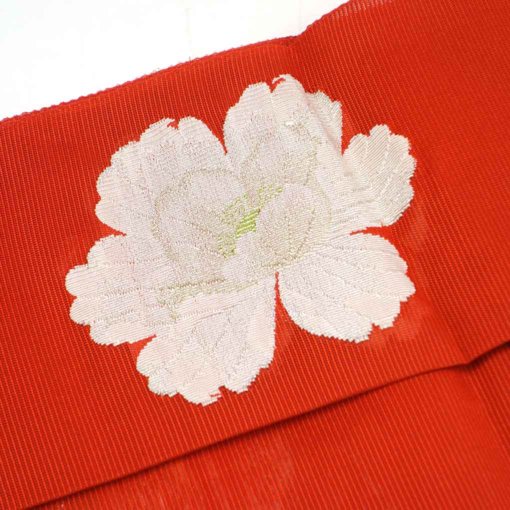 リサイクル帯 名古屋帯 赤地 花柄 夏物 九寸帯 正絹 レディース 夏用 シルク レッド フリーサイズ リユース幅31cm 長さ356cm【ランクA】