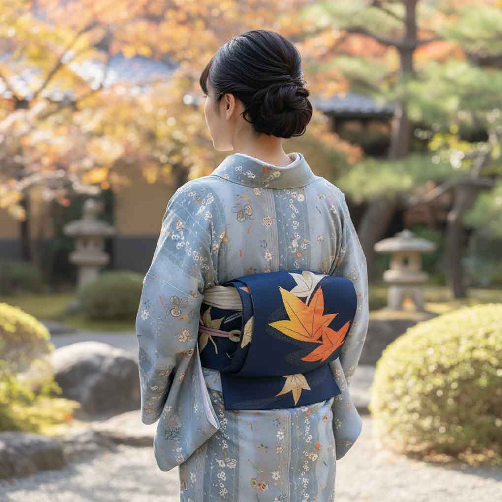 名古屋帯 リサイクル帯 幅31cm 長さ360cm レディース 紅葉 夏用 正絹（シルク）ネイビー 美品 リメイク リユース【ランクA】
